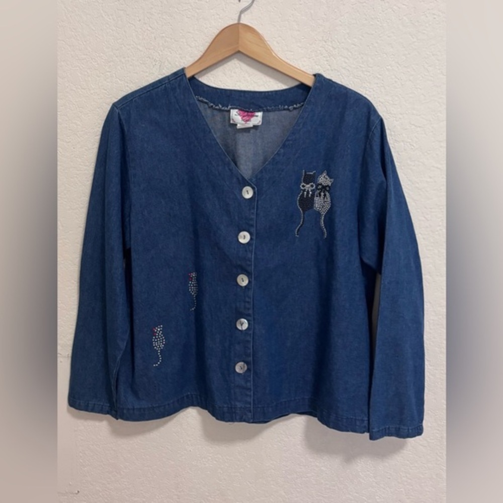Vintage bling cats denim button down top - Picture 1 of 7
